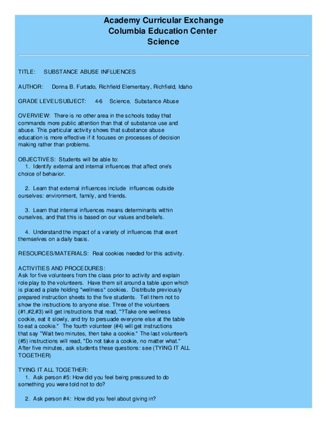 Substance Abuse Influences Lesson Plan Substance Abuse Influences Lesson Plan