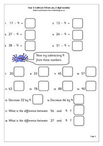 Subtract 9 from any 2-digit number Worksheet Subtract 9 from any 2-digit number Worksheet