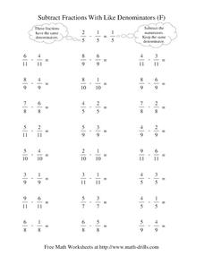Subtract Fractions With Like Denominators (F) Worksheet Subtract Fractions With Like Denominators (F) Worksheet
