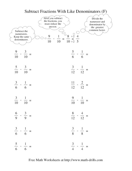 Subtract Fractions With Like Denominators (F) Worksheet Subtract Fractions With Like Denominators (F) Worksheet