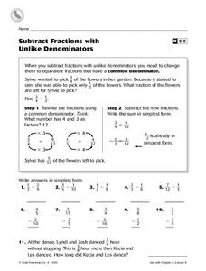 Subtract Fractions with Unlike Denominators Worksheet Subtract Fractions with Unlike Denominators Worksheet