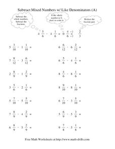 Subtract Mixed Numbers with Like Denominators (A) Worksheet Subtract Mixed Numbers with Like Denominators (A) Worksheet