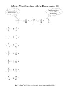 Subtract Mixed Numbers with Like Denominators (H) Worksheet Subtract Mixed Numbers with Like Denominators (H) Worksheet