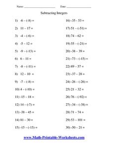 Subtracting Integers Worksheet Subtracting Integers Worksheet