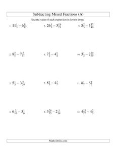 Subtracting Mixed Numbers (1) Worksheet Subtracting Mixed Numbers (1) Worksheet