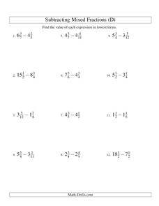 Subtracting Mixed Numbers (4) Worksheet Subtracting Mixed Numbers (4) Worksheet