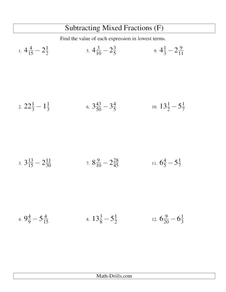 Subtracting Mixed Numbers (6) Worksheet Subtracting Mixed Numbers (6) Worksheet