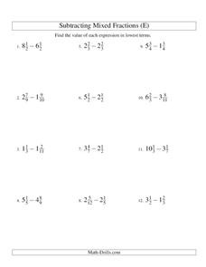 Subtracting Mixed Numbers (5) Worksheet Subtracting Mixed Numbers (5) Worksheet