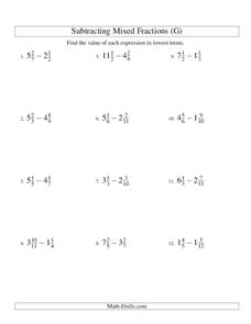 Subtracting Mixed Numbers (7) Worksheet Subtracting Mixed Numbers (7) Worksheet