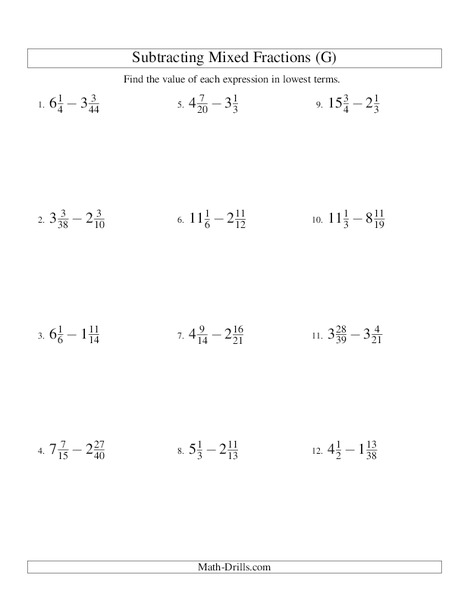 Subtracting Mixed Numbers (7) Worksheet Subtracting Mixed Numbers (7) Worksheet