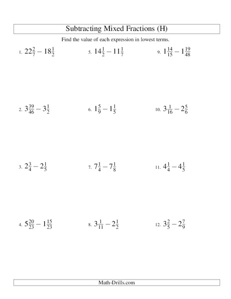 Subtracting Mixed Numbers (8) Worksheet Subtracting Mixed Numbers (8) Worksheet