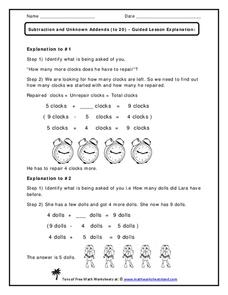 Subtraction and Unknown Addends Worksheet Subtraction and Unknown Addends Worksheet