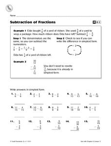 Subtraction of Fractions Worksheet Subtraction of Fractions Worksheet
