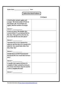 Subtraction Word Problems Worksheet Subtraction Word Problems Worksheet
