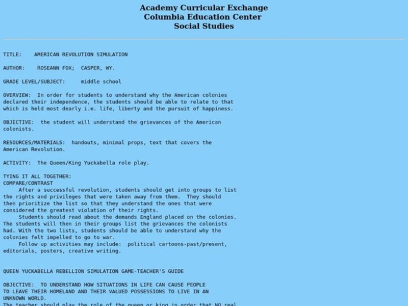 American Revolution Simulation Lesson Plan American Revolution Simulation Lesson Plan