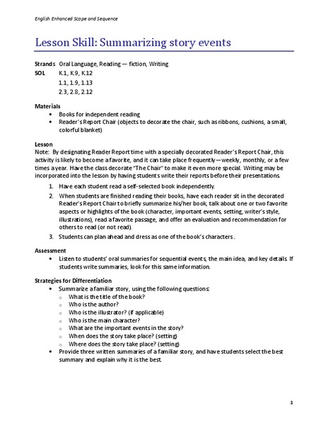 Summarizing Story Events Lesson Plan Summarizing Story Events Lesson Plan