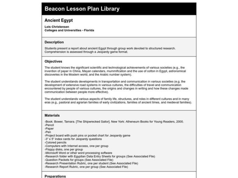 Ancient Egypt Lesson Plan Ancient Egypt Lesson Plan