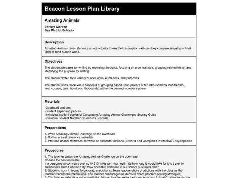 Amazing Animals Lesson Plan Amazing Animals Lesson Plan