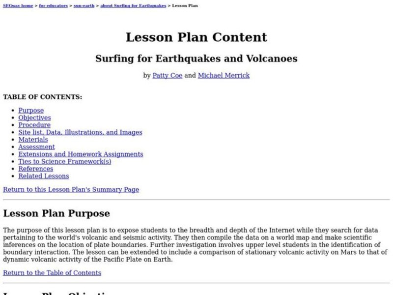 Surfing for Earthquakes and Volcanoes Lesson Plan Surfing for Earthquakes and Volcanoes Lesson Plan