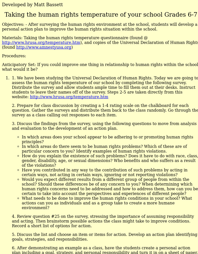 Taking the human rights temperature of your school Lesson Plan Taking the human rights temperature of your school Lesson Plan