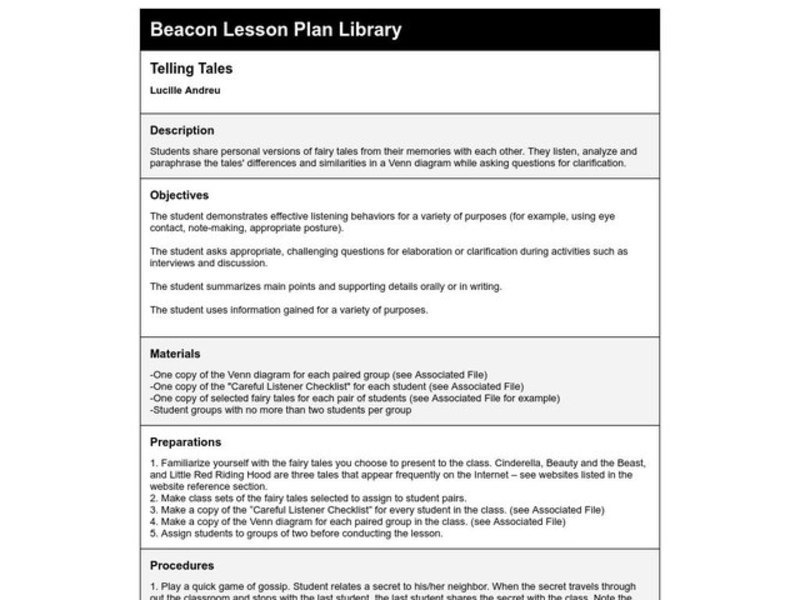 Telling Tales Lesson Plan Telling Tales Lesson Plan