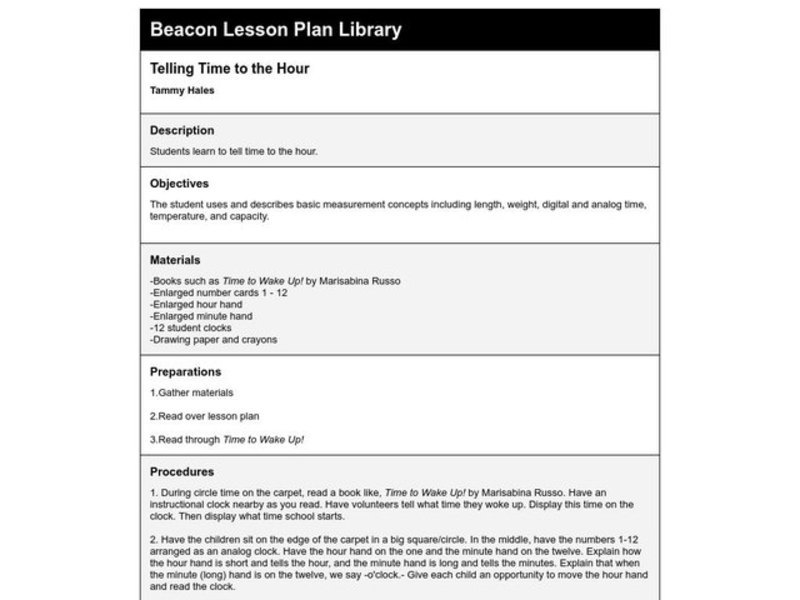 Telling Time to the Hour Lesson Plan Telling Time to the Hour Lesson Plan