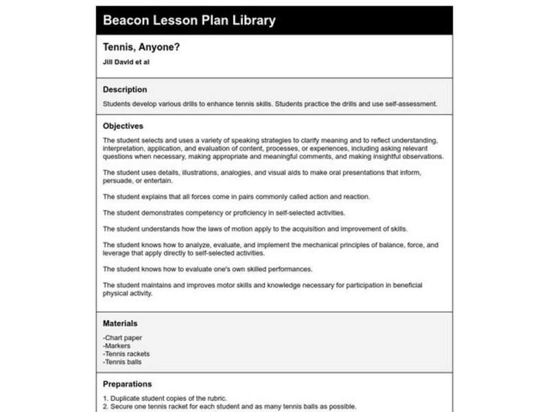 Tennis, Anyone? Lesson Plan Tennis, Anyone? Lesson Plan