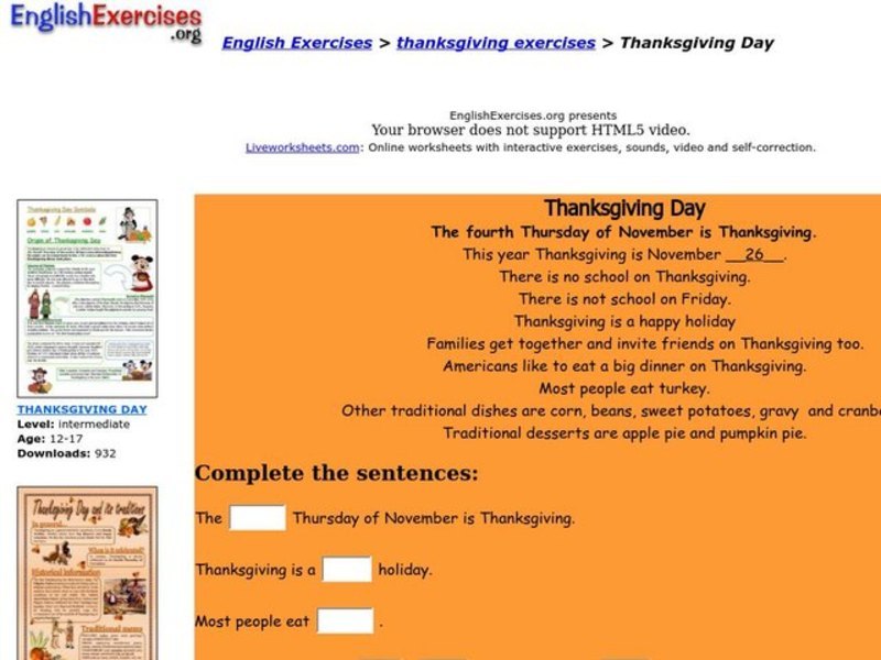 Thanksgiving Day Worksheet Thanksgiving Day Worksheet