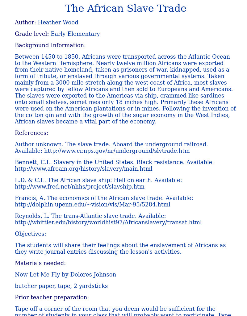 The African Slave Trade Lesson Plan The African Slave Trade Lesson Plan