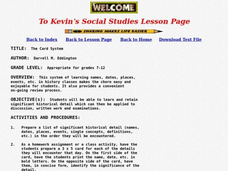 The Card System Lesson Plan The Card System Lesson Plan
