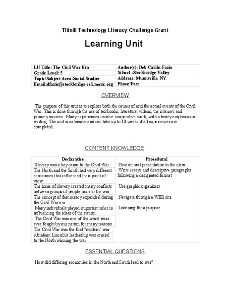 The Civil War Era Lesson Plan The Civil War Era Lesson Plan