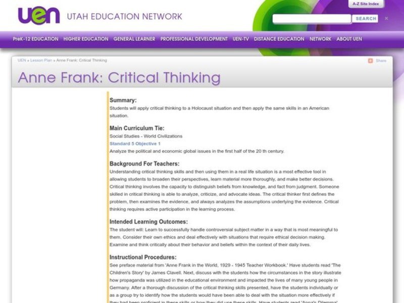 Anne Frank: Critical Thinking Lesson Plan Anne Frank: Critical Thinking Lesson Plan