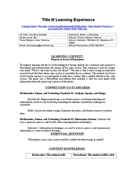 The Nine Planets Lesson Plan The Nine Planets Lesson Plan