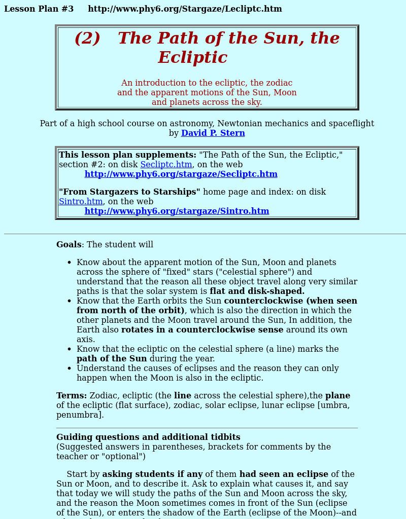 The Path of the Sun, the Ecliptic Lesson Plan The Path of the Sun, the Ecliptic Lesson Plan