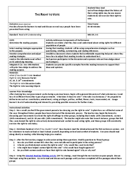 The Right to Vote Lesson Plan The Right to Vote Lesson Plan