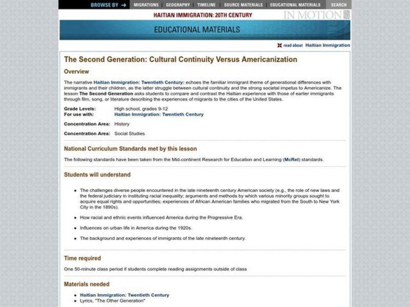 The Second Generation: Cultural Continuity Versus Americanization Lesson Plan The Second Generation: Cultural Continuity Versus Americanization Lesson Plan
