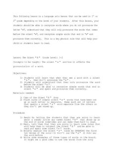 The Silent "E" Lesson Plan The Silent "E" Lesson Plan