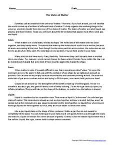 The States of Matter Worksheet The States of Matter Worksheet
