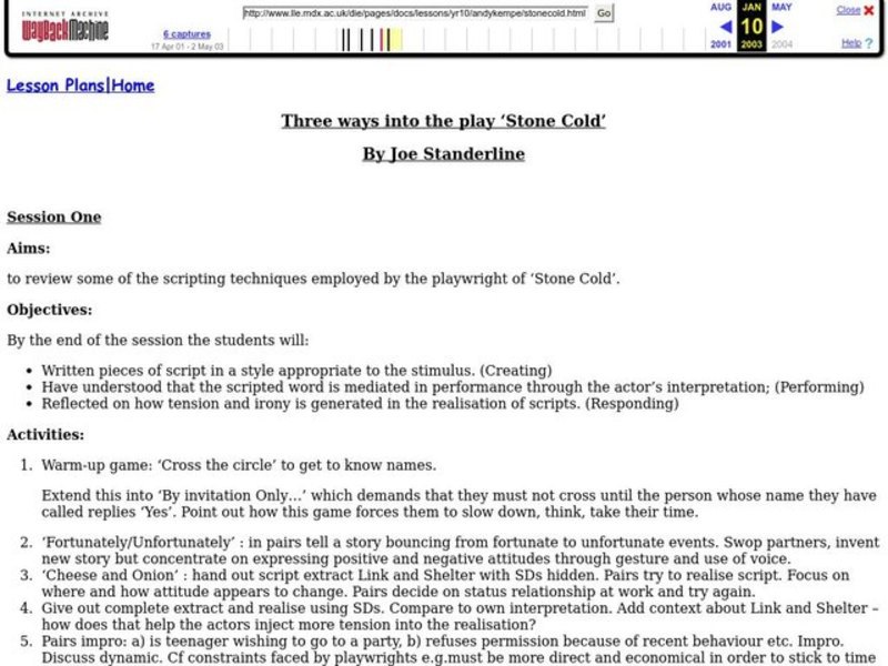 Three ways into the play 'Stone Cold' Lesson Plan Three ways into the play 'Stone Cold' Lesson Plan