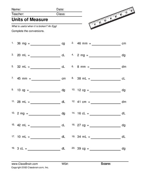 Units of Measure Worksheet Units of Measure Worksheet