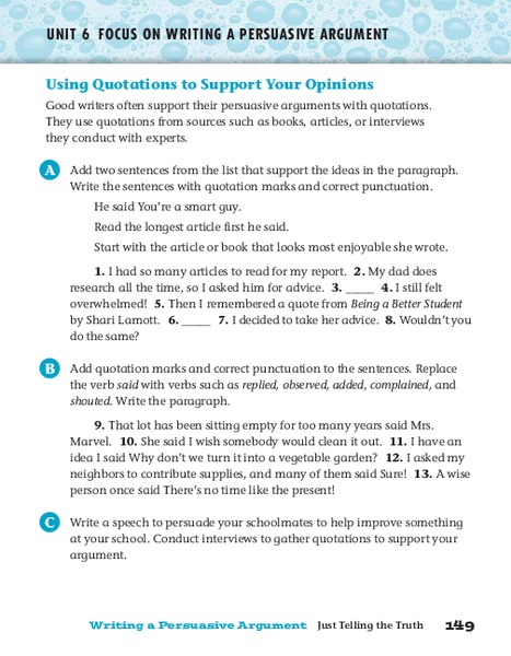 Using Quotations to Support Your Opinions Worksheet Using Quotations to Support Your Opinions Worksheet