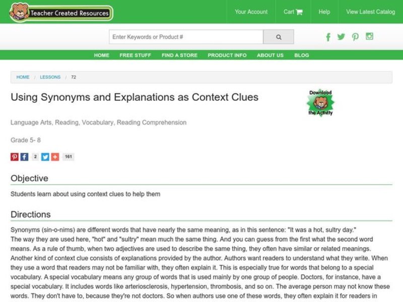 Using Synonyms and Explanations as Context Clues Lesson Plan Using Synonyms and Explanations as Context Clues Lesson Plan