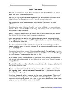 Using Your Senses Worksheet Using Your Senses Worksheet