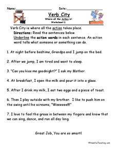 Verb City Worksheet Verb City Worksheet
