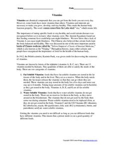Vitamins Worksheet Vitamins Worksheet