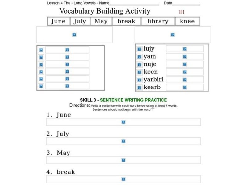Vocabulary Building: Long Vowels III Worksheet Vocabulary Building: Long Vowels III Worksheet