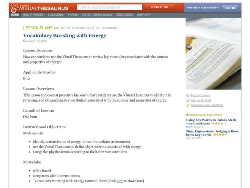 Vocabulary Bursting with Energy Lesson Plan Vocabulary Bursting with Energy Lesson Plan