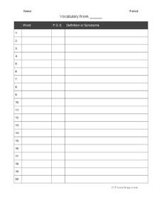 Vocabulary Definitions Organizer Vocabulary Definitions Organizer