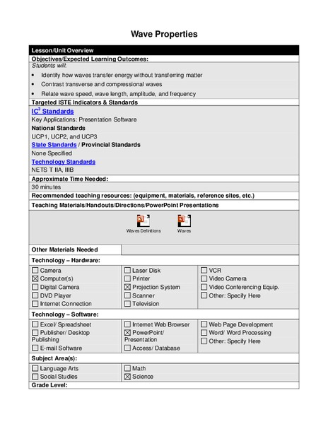 Wave Properties Lesson Plan Wave Properties Lesson Plan