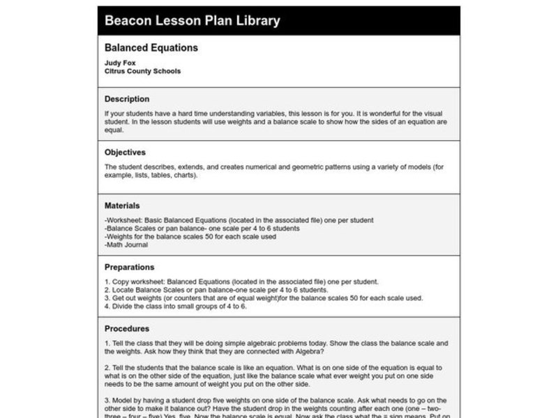 Balanced Equations Lesson Plan Balanced Equations Lesson Plan